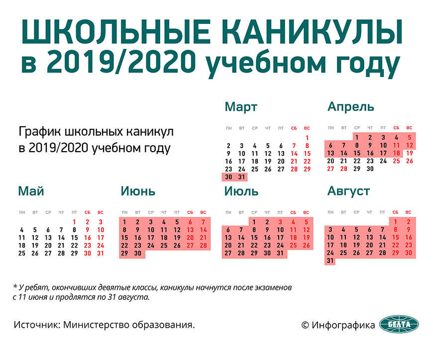 Школьные каникулы в 2019/2020 учебном году